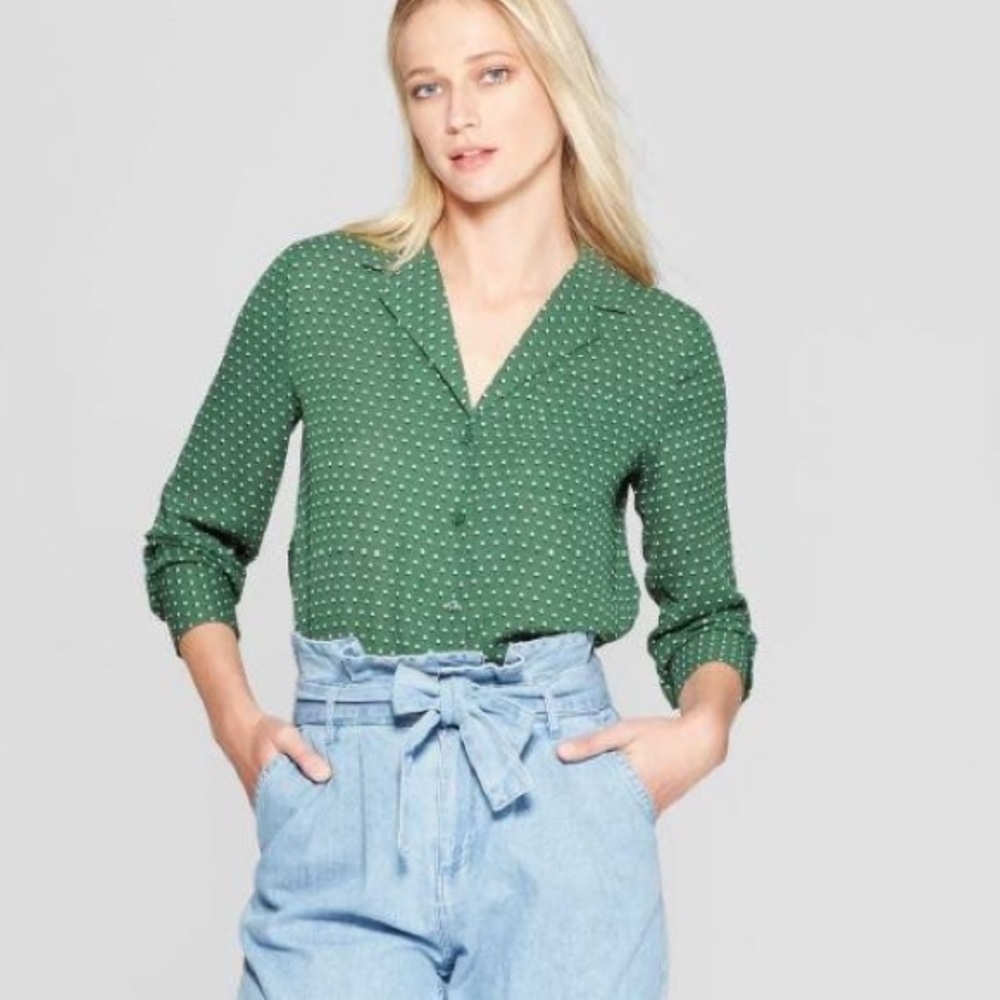 Polka dot green button down shirt